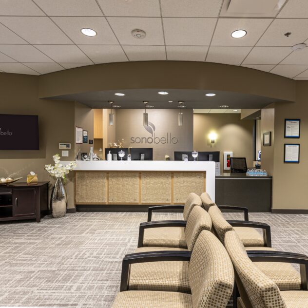 Front desk area at Sono Bello liposuction center in Charlotte, NC