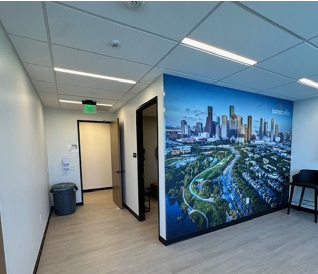 Sono Bello Houston waiting area with Houston-area mural