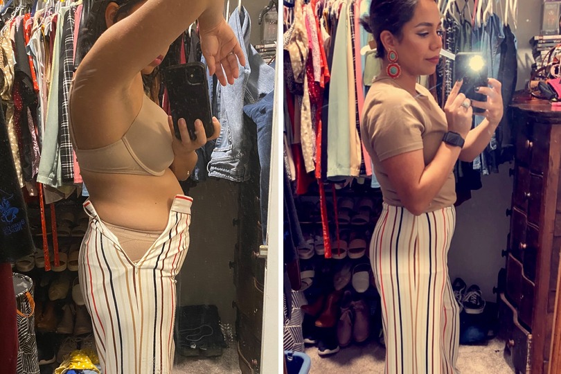 Before and after comparison of a woman trying on striped pants, showing fit and side profile in a closet setting.