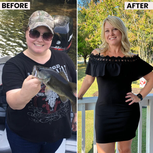 Before and after comparison of a person in casual attire holding a fish and then dressed up on a porch.