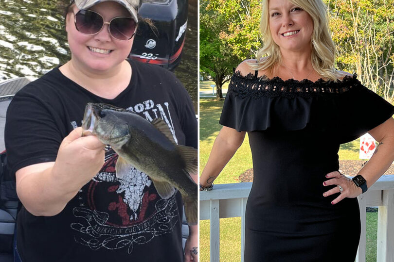 Before and after comparison of a person in casual attire holding a fish and then dressed up on a porch.