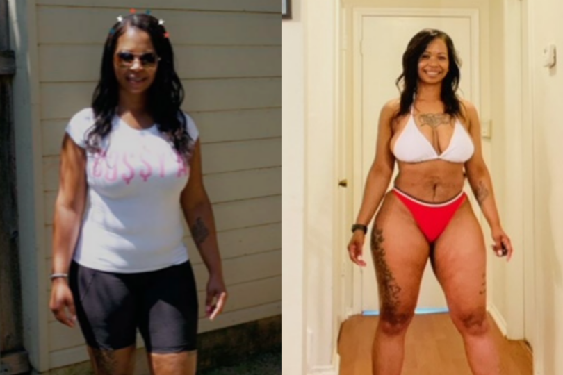 Woman before and after fitness transformation, wearing different outfits outside and indoors.