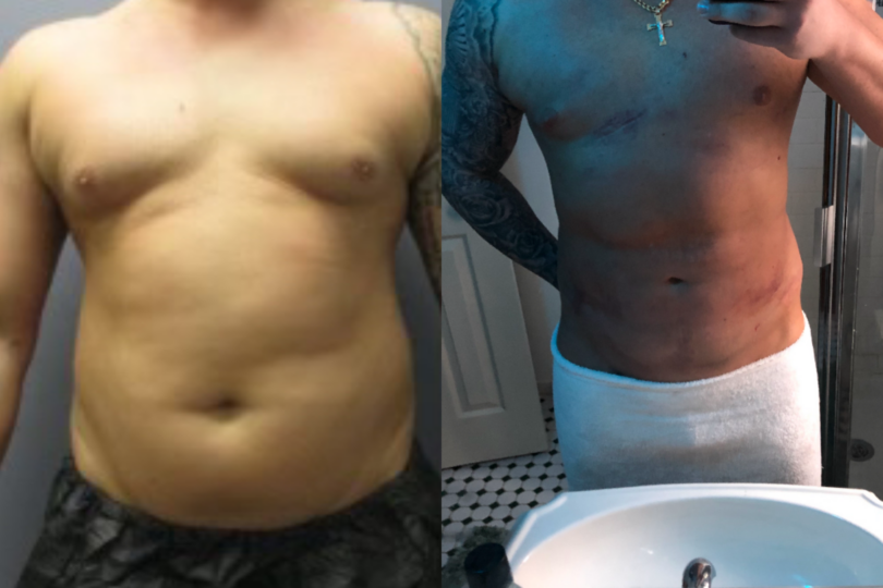 Before and after images showing a man's body transformation, highlighting changes in physique standing in a bathroom.