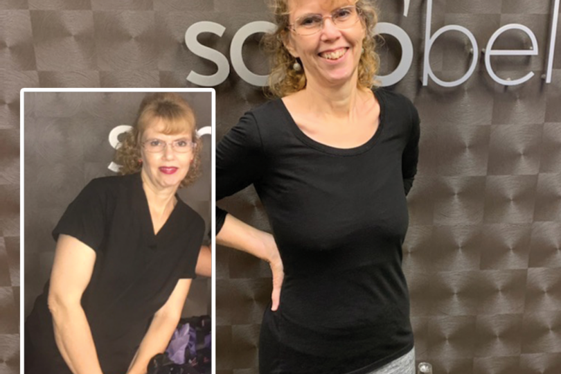 Person smiling in front of a Sono Bello sign, with a before-and-after comparison inset showing weight loss progress.
