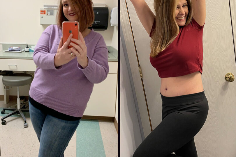 Before and after photos showing a woman’s weight loss journey, highlighting changes in her appearance and clothing.