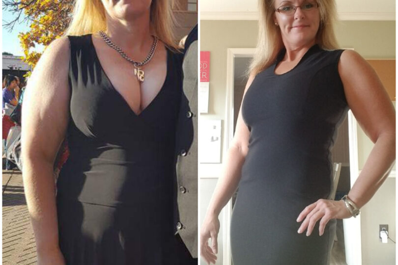 Before and after weight loss transformation of a woman in a black dress, showing noticeable changes in physique.