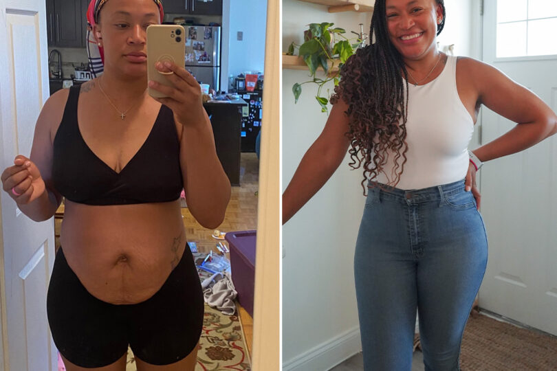 Before and after weight loss transformation of a woman, wearing a black outfit on left and a white top with jeans on right.