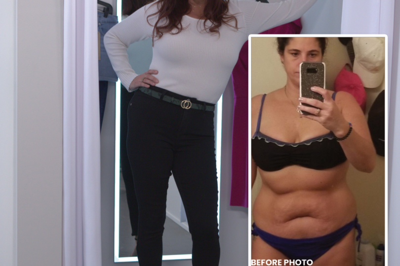 Person standing confidently in a fitting room mirror, with a before-and-after weight loss photo inset.