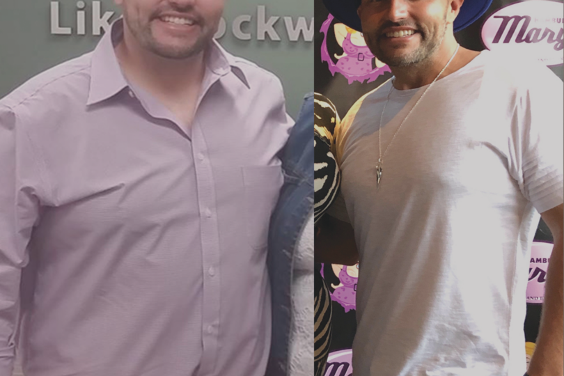 Two side-by-side photos of same man before and after weight loss transformation, smiling in casual attire.