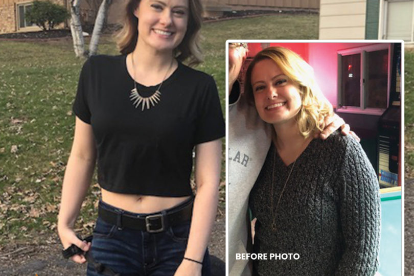 Woman smiling outside with dog on leash, inset of her past photo with friend indoors