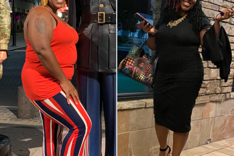 Before and after weight loss transformation, woman in red and black outfit, smiling confidently.