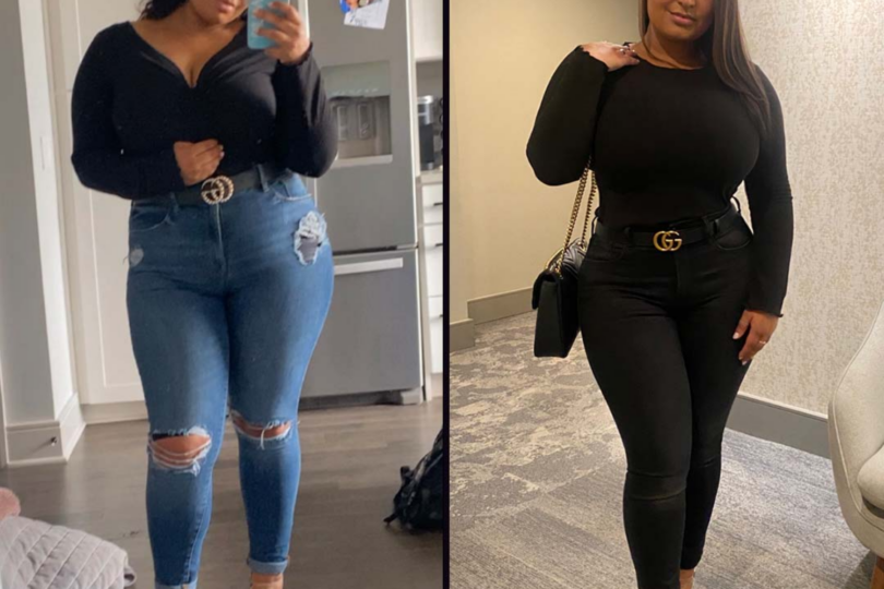 Before and after photo showing a woman taking a mirror selfie in different outfits, highlighting a style transformation.