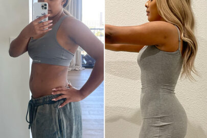 Before and after transformation of a woman showing fitness progress in side-by-side photos.