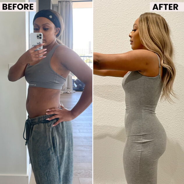 Before and after transformation of a woman showing fitness progress in side-by-side photos.
