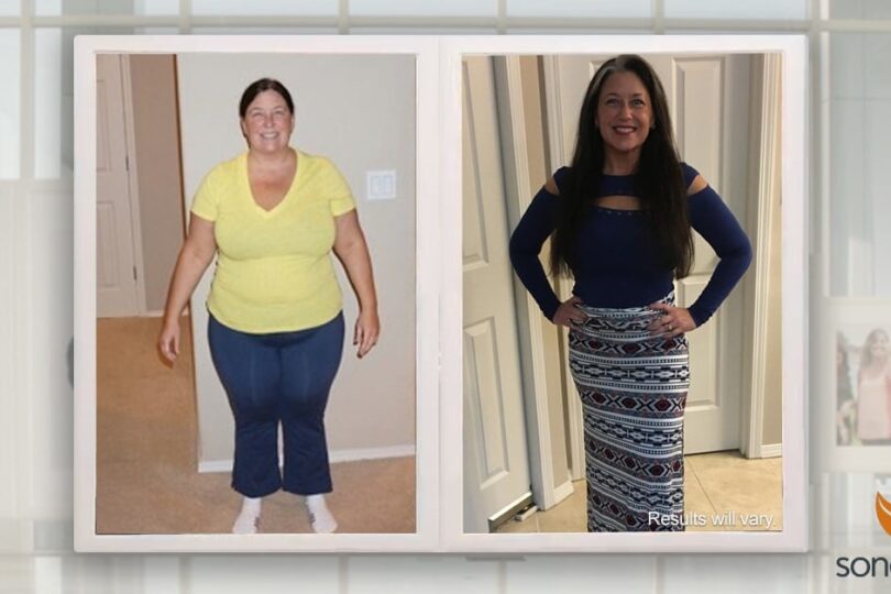 Woman's weight loss transformation, before and after photos showing significant change in body size and confidence.