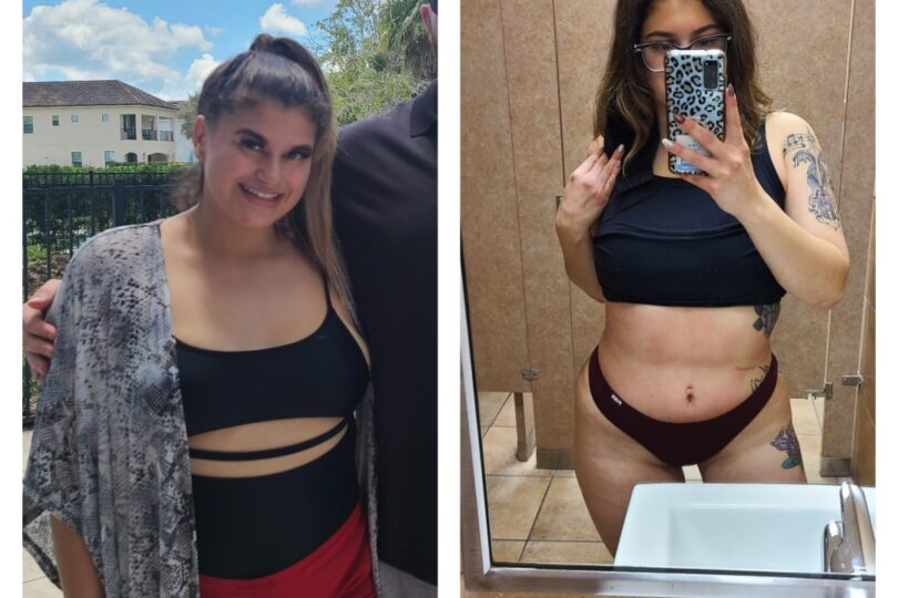 Before and after image showing a person in a black top and red bottoms, highlighting a transformation.