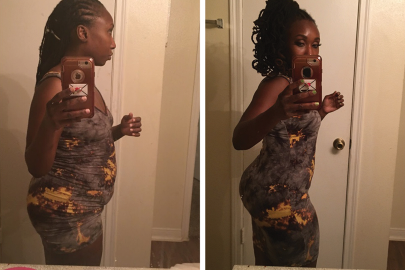 Before and after side-by-side comparison of a woman showing noticeable body transformation in front of a bathroom mirror.