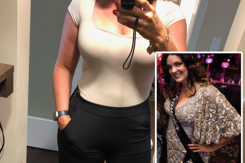 Person taking a mirror selfie, dressed in a white top and black pants, with a small inset image of another person in stylish attire.