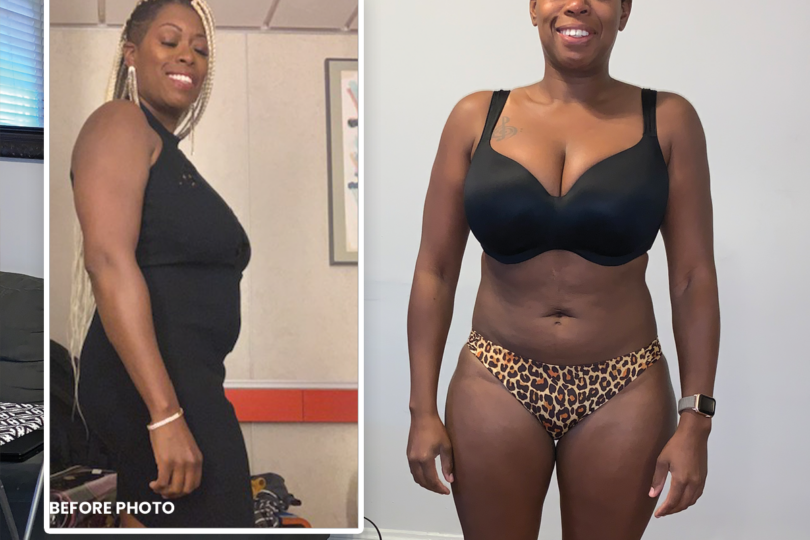 Before and after photo of a woman showing weight loss transformation, wearing a black top in one and black bra in the other.
