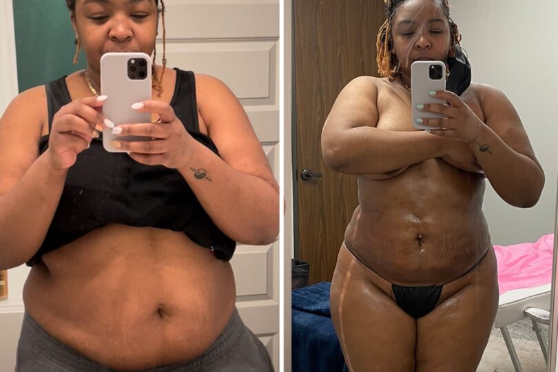 Before and after photos showing a person's weight loss transformation in front of a mirror