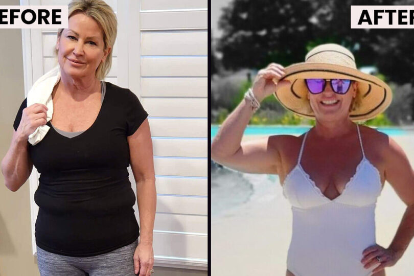 Woman in a black shirt next to a woman in a swimsuit and hat by a pool.