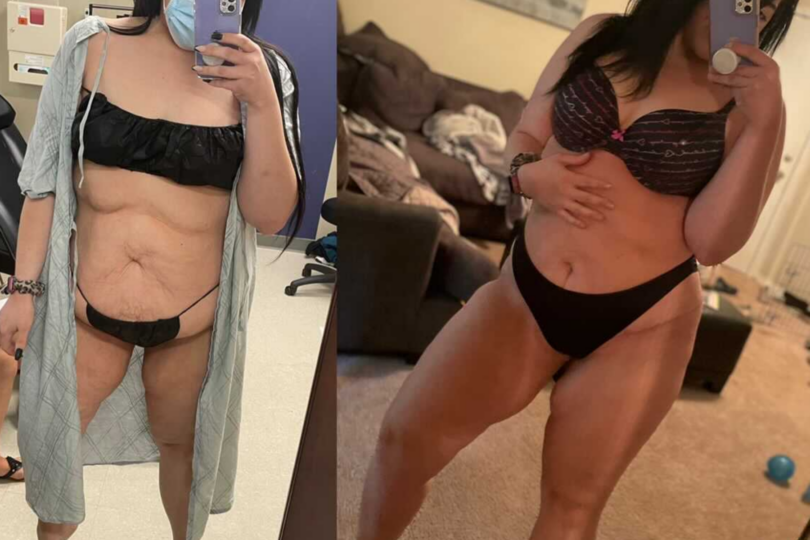 Before and after photos showing a woman's transformation in a living room, before on left, after on right, both in lingerie.