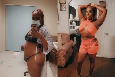 Woman in a before-and-after weight loss transformation, wearing different outfits.