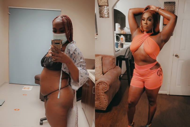 Woman in a before-and-after weight loss transformation, wearing different outfits.