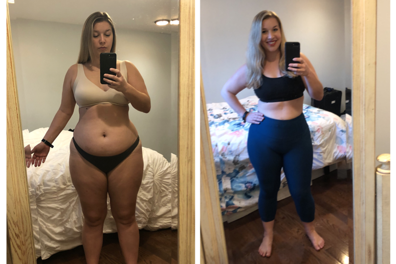 Before and after photo of a woman in fitness clothing standing in front of a mirror.