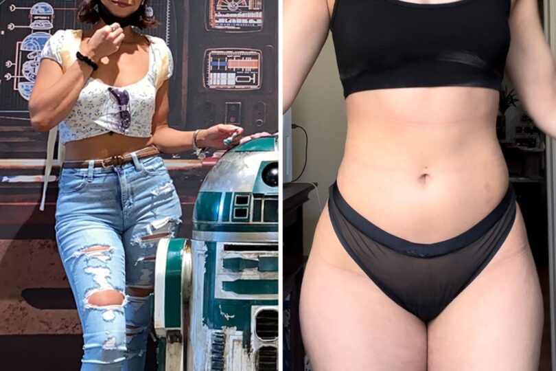 Two-part photo showing a woman in a before image with a robot and an after image highlighting her transformation.