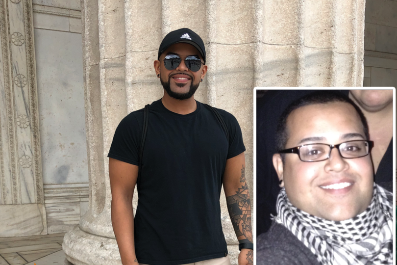 Two people posing in different settings, one outdoors by columns and one wearing a scarf.