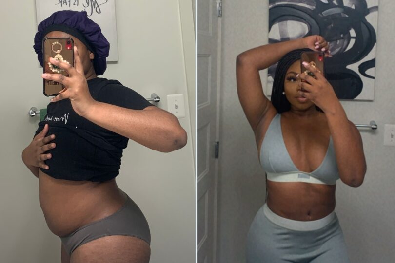 Two-part photo showing a side-by-side comparison of a person's fitness journey, before and after progress.