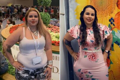 Woman's weight loss transformation with before and after images in different outfits.