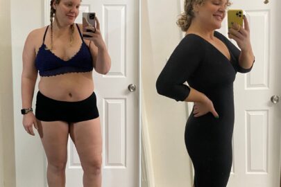 Side-by-side comparison of a woman in workout clothes and a black dress, showing weight loss progress in front of a mirror.
