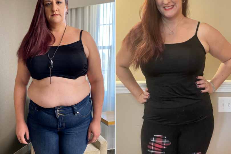 Woman showing before and after weight loss transformation in black outfits, standing indoors.