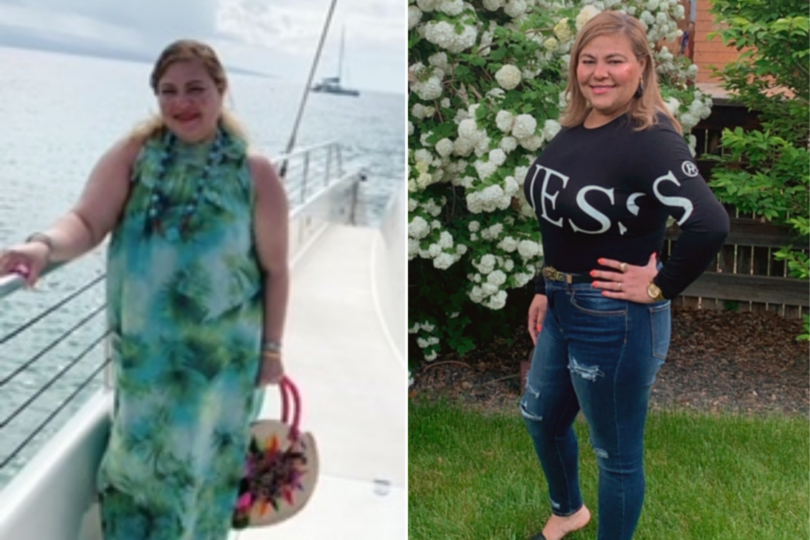 Before and after weight loss transformation showing a woman on a boat and then standing in front of flowers.