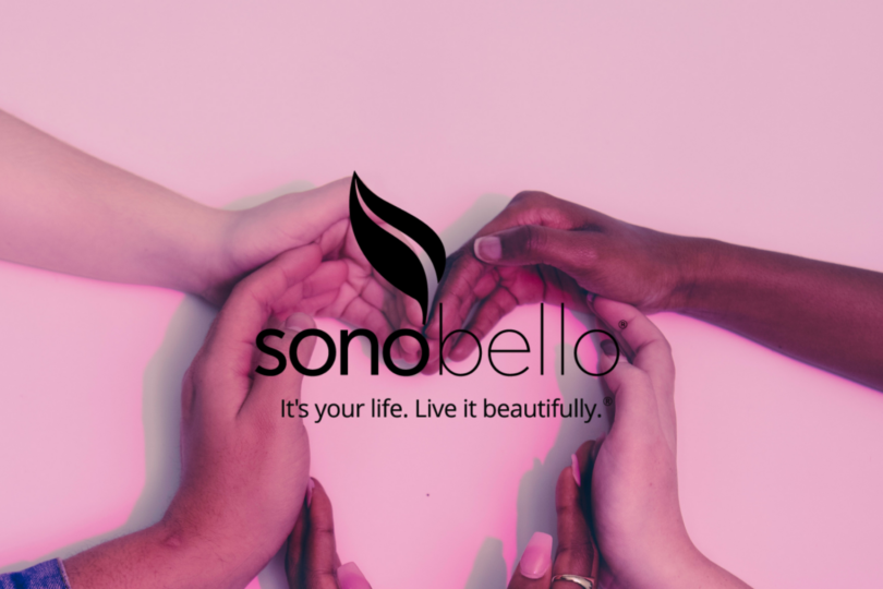 Diverse hands forming a heart shape under the Sono Bello logo with the tagline, "It's your life. Live it beautifully."