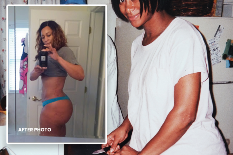 Woman in a kitchen with an inset of a fitness progress photo showing a different angle and attire.