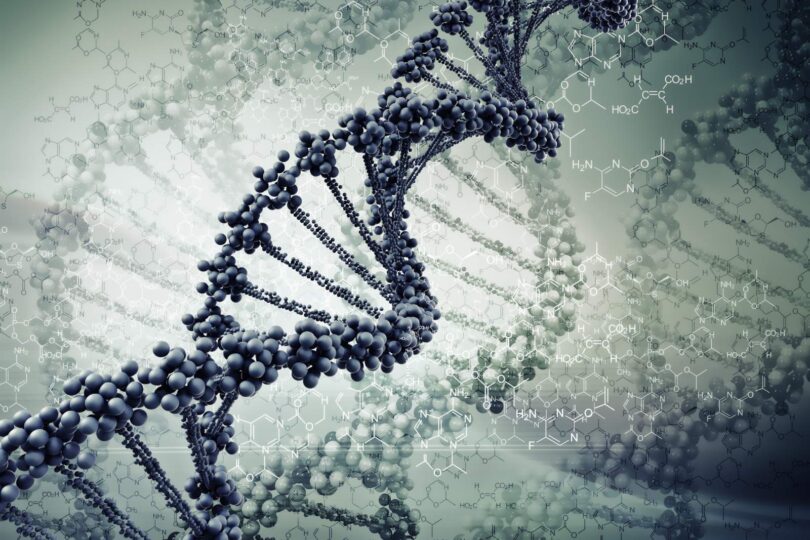 DNA double helix structure with a blurred scientific background, showcasing detailed molecular design and genetic complexity.
