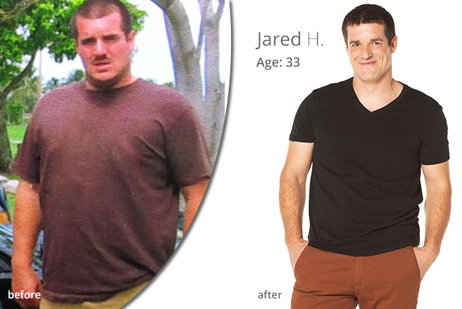 Before and after weight loss transformation of a 33-year-old man named Jared in casual outfits.