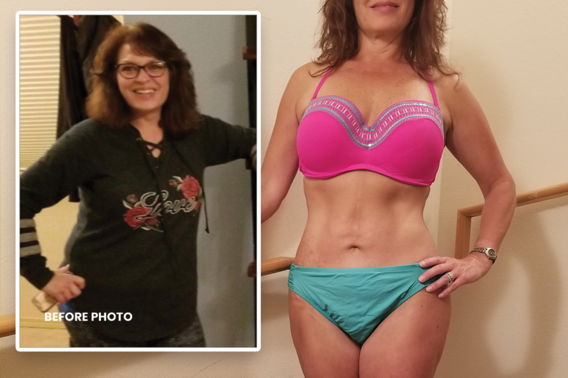 Before and after weight loss transformation with a woman in casual clothes on the left and in a swimsuit on the right.