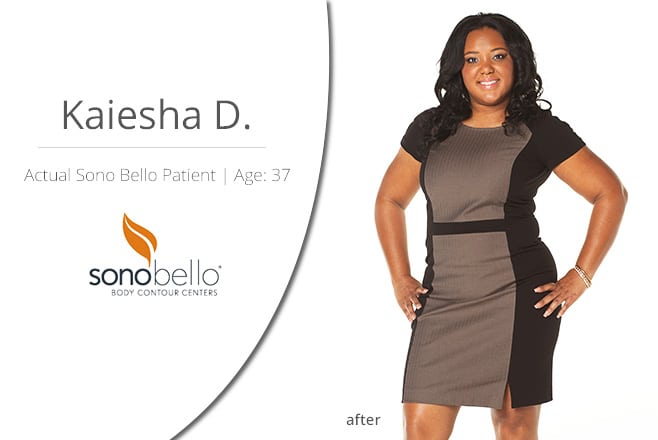 Woman in a gray and black dress posing confidently next to a logo and text on a white background.