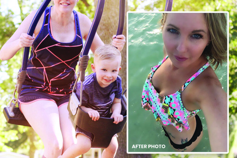 Woman swinging with child; inset of woman in a swimsuit.