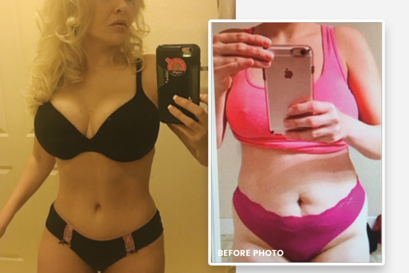 Person taking a mirror selfie showing a weight loss transformation, with a before photo inset in the corner.