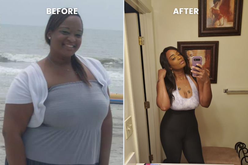 Before and after weight loss transformation with woman posing by the sea on the left and in a mirror on the right