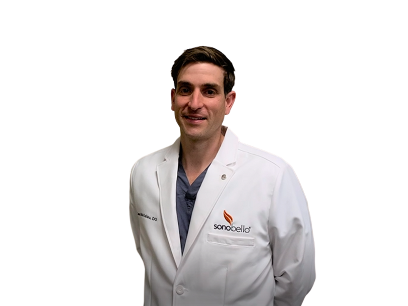 Doctor in a white coat with a Sono Bello logo, standing against a gradient background.