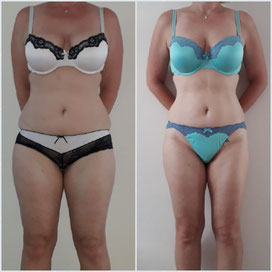 Two images of a woman in underwear, showing a body transformation from before to after.