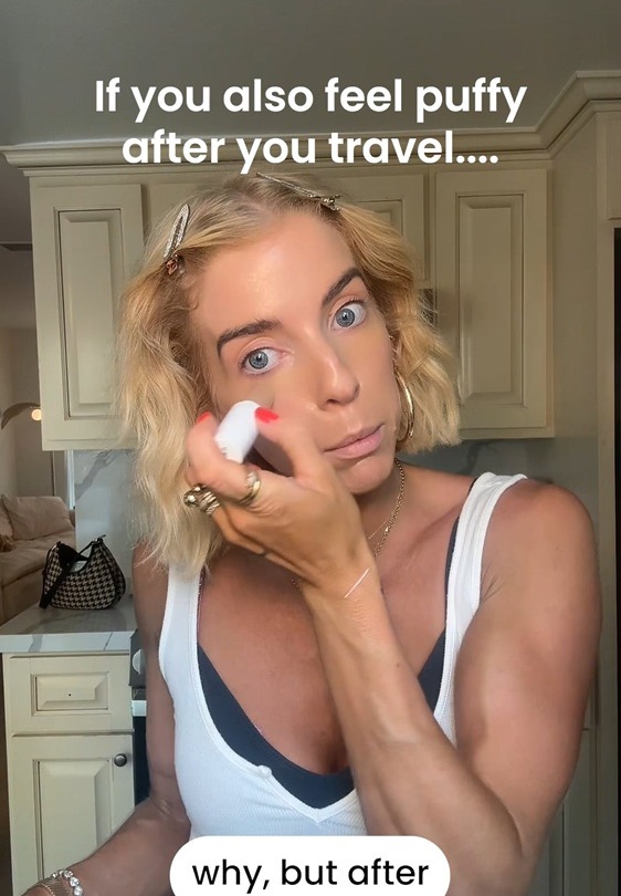Person applying makeup in a kitchen, captioned "If you also feel puffy after you travel... why, but after."
