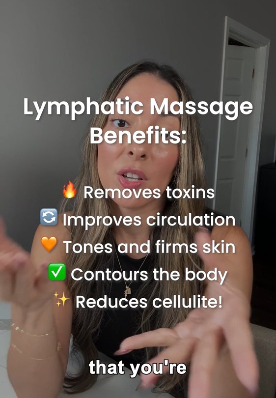 Person explaining lymphatic massage benefits: detoxification, improved circulation, skin toning, body contouring, cellulite reduction.