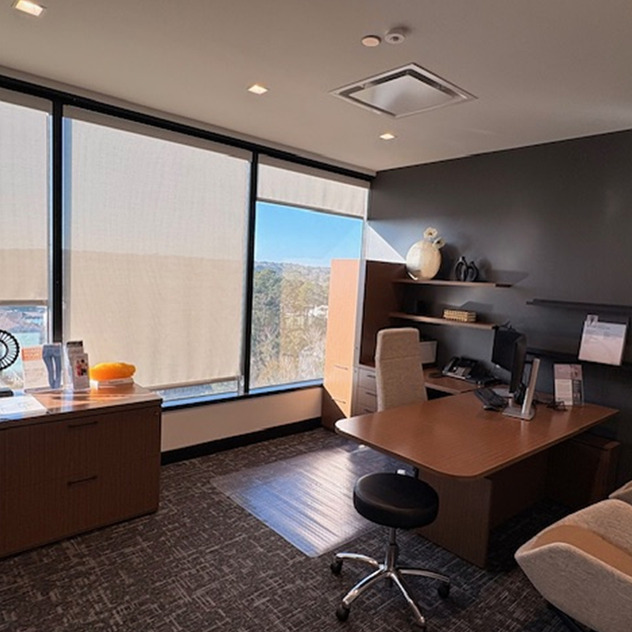 Modern office with large windows, desk, chairs, and decor, featuring a view of trees outside.